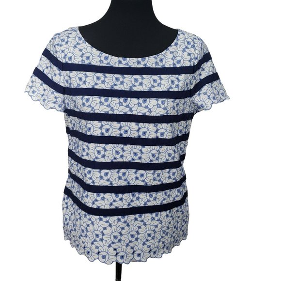 Talbots Woman's Blue Striped Floral Lace‎ Detail Short Sleeve Blouse Size 10 - Picture 1 of 11